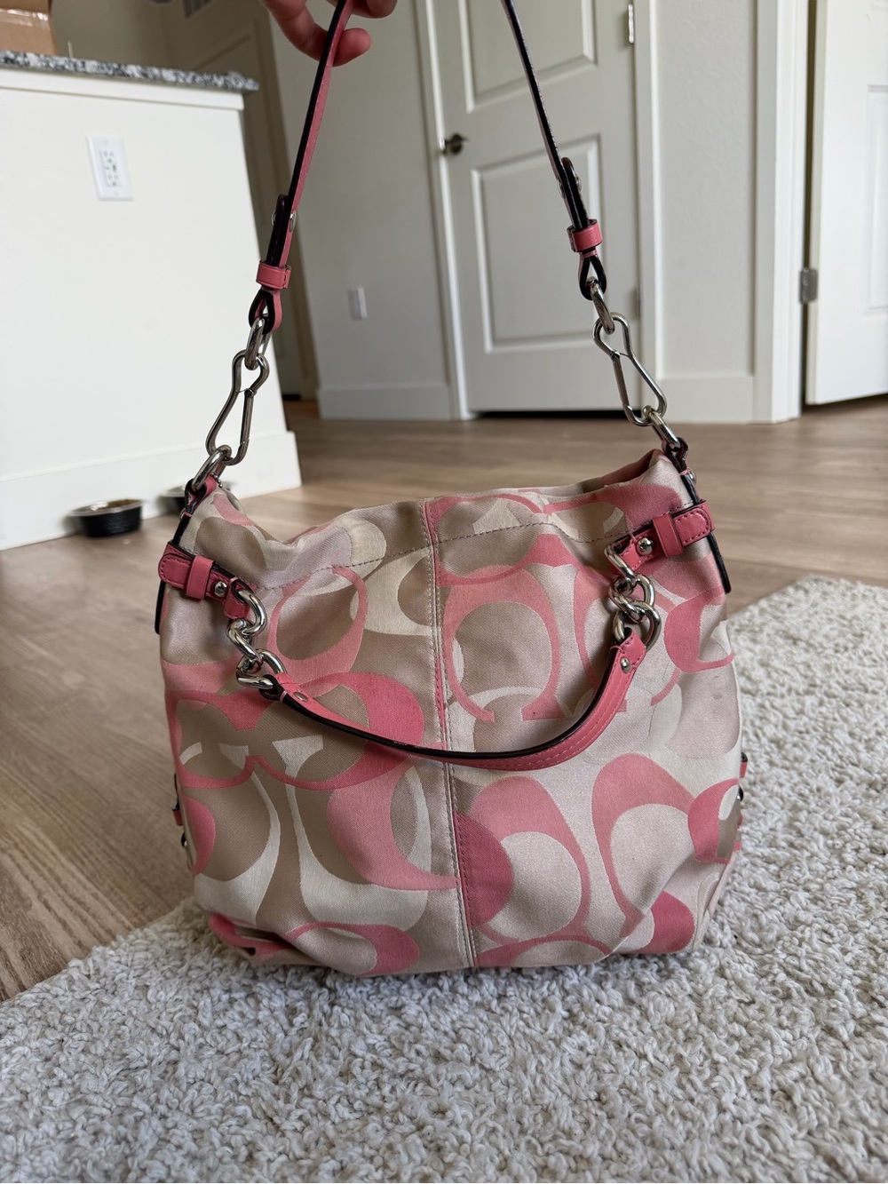 Coach Pink Signature Canvas Shoulder Bag with Leather Trim